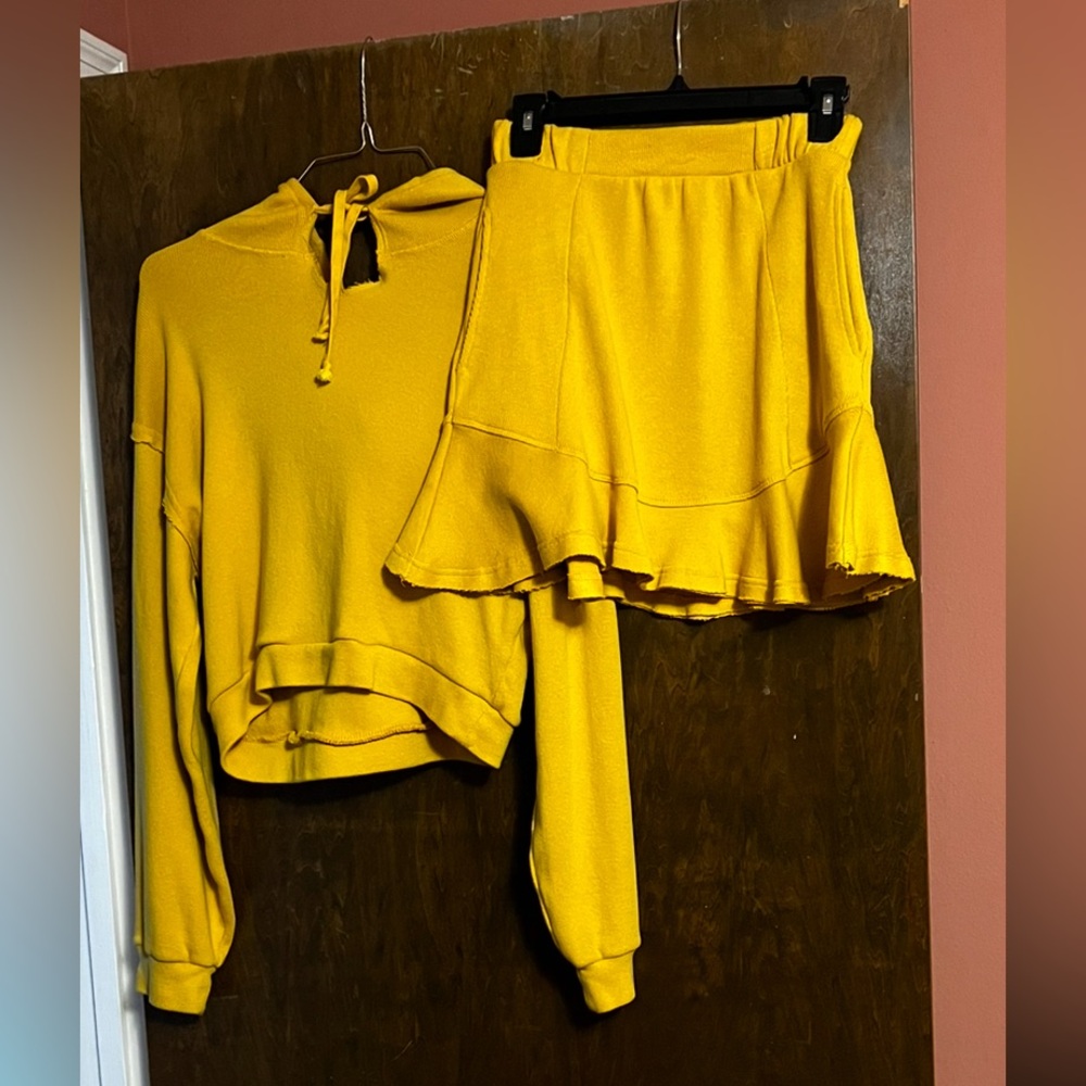 Free People Mustard yellow sweater material hoodie with skirt size xs